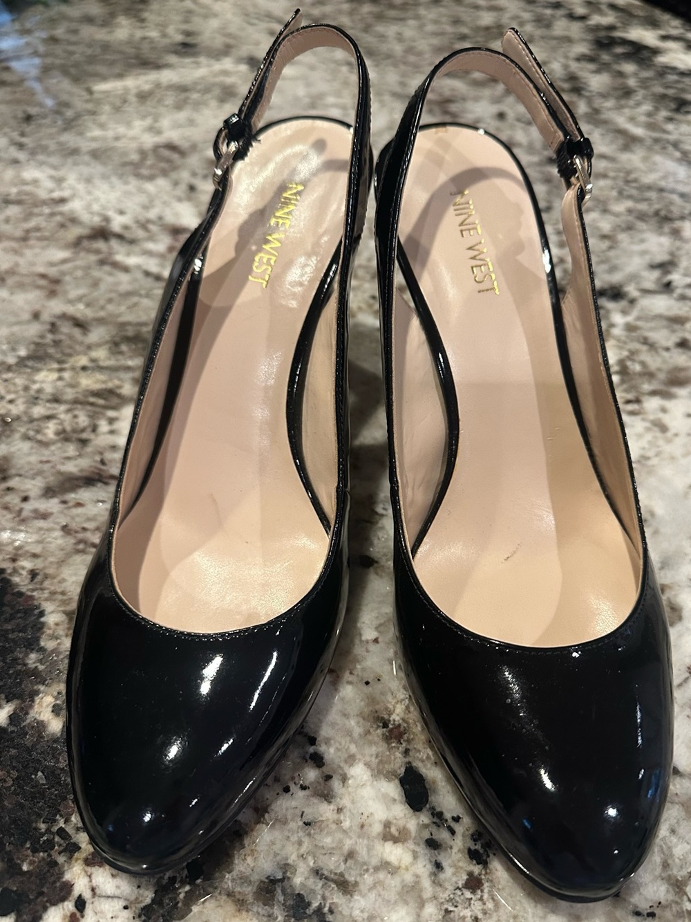 Nine West Black Patent Slingback Pumps with Nude Insole